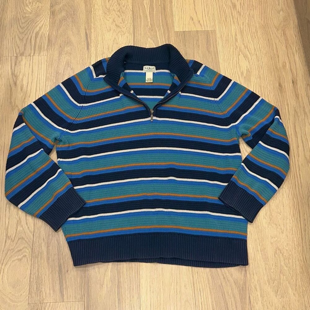 LL Bean Mens XXL Sunwashed Textured Striped Cotton Sweater 1/4 Zip Multicolor